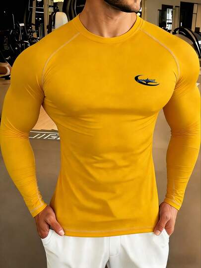 Manfinity Acti Log Men's Letter Print Slim Fit Long Sleeve Athletic T-Shirt