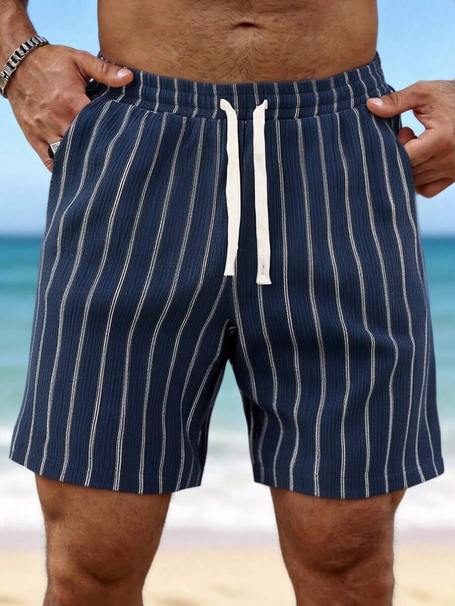 VIVINTIMO Men's Striped Drawstring Waist Pocket Loose Shorts - Royal Blue - View 1