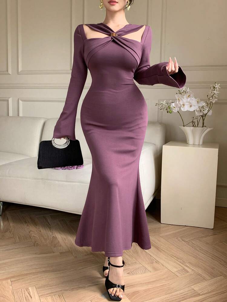 Women's Elegant Solid Color Tie-Up Fishtail Midi Dress, Spring/Summer