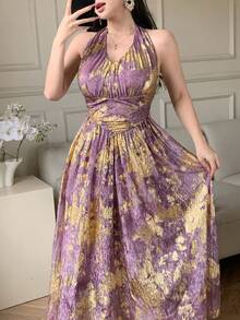 DAZY 女士优雅印花露背吊带收腰中长连衣裙，夏季 - 紫色 - 查看 7