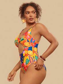 Travachic Plus Size Tropical Plant Print Cutout Front Twist One-Piece Swimsuit, Sexy & Slimming, Suitable For Beach Vacation Summer Outfits, Spring Clothing,Spring Outfit Women, Going Out Outfits, Vacation Outfits Women,Holiday Outfits, Casual Outfit For Women, Boho Style Women, Resort Outfit For Women, Island Holiday Outfit, Havana Outfit, Tropical Outfit, Mexican Style Plus Size Bathing Suits Women - Multicolor - View 6