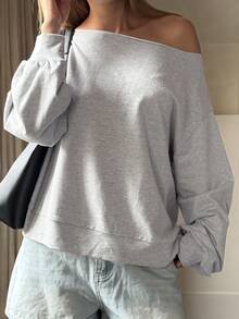 Livesso Women's Wing Print Oblique Shoulder Long Sleeve Casual Loose Sweatshirt - Grey - View 2