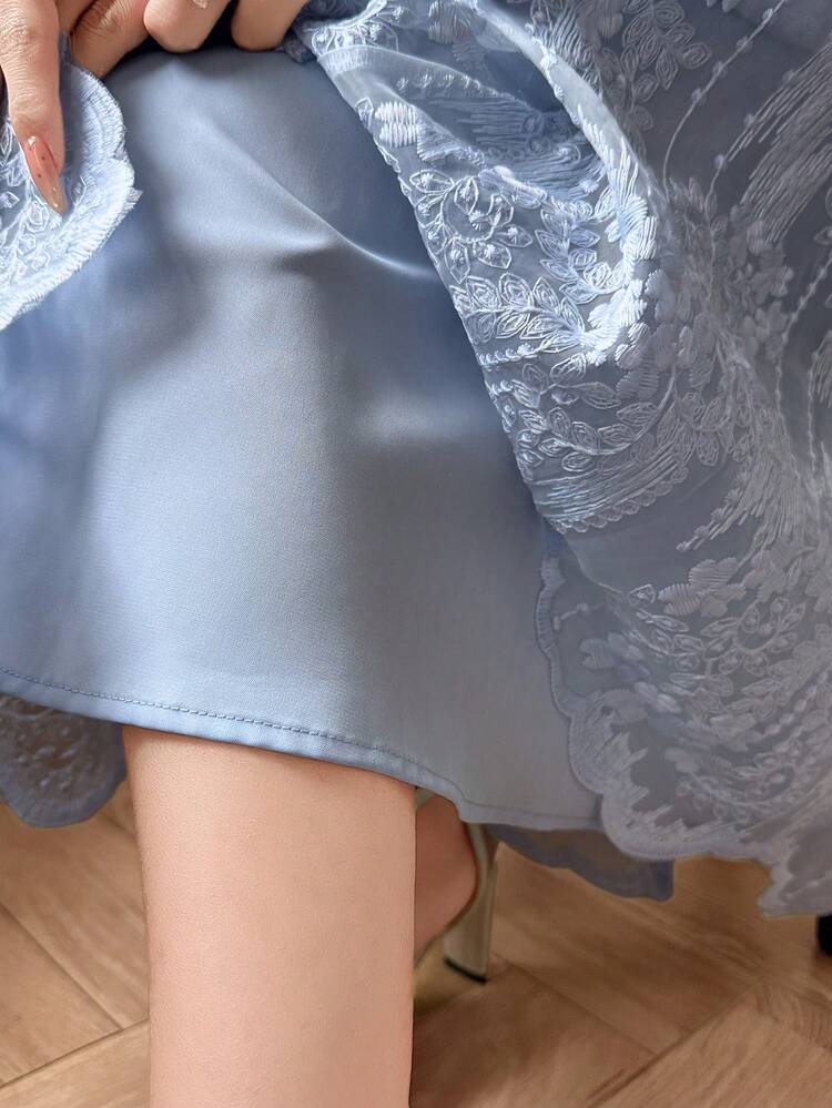 Women's Elegant Lace Petal Sleeve Belted Mid-Length Dress, Spring/Summer Sundress