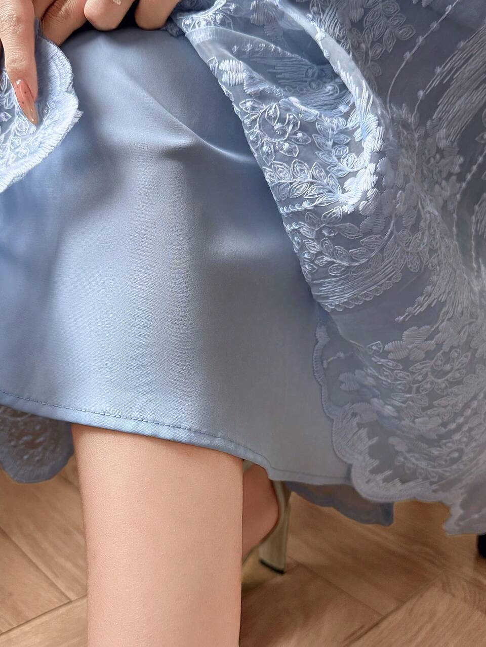 Women's Elegant Lace Petal Sleeve Belted Mid-Length Dress, Spring/Summer Sundress