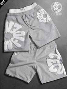 SLATEMANN 男士休闲字母印花抽绳腰短裤，夏季 - 灰色 - 查看 2