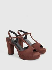 CUCCOO LuxiPop Sandales à talons hauts pour femmes avec bride en T, bout rond, orteils découverts, en velours épais, talon haut et semelle épaisse, bride à la cheville, style sexy pour boîte de nuit et scène - brun foncé - Voir 4