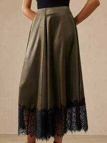 Aveloria Rosie Elegant Minimalist Versatile Commuting Satin Asymmetrical Hem Contrast Lace Midi Skirt - Army Green - View 4