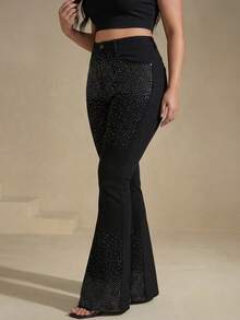 Slaydiva Pantalones vaqueros negros acampanados con diseño de cristales de degradado brillante, atuendo casual de verano para fiestas y vacaciones de verano para mujeres - Negro - Ver 3