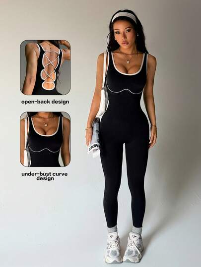 Dewbera 1pc Black Seamless Women Sports Jumpsuit, Criss-Cross Backless Design, Soft & Comfortable Fit, Suitable For Workout, Running, Casual, Yoga