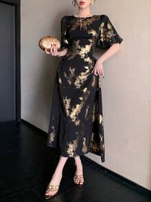 DAZY Women's Elegant Floral Print Round Neck Petal Sleeve Mid-Length Dress, Summer,Wedding Guest Dress Women Maxi Dress - Black - View 8