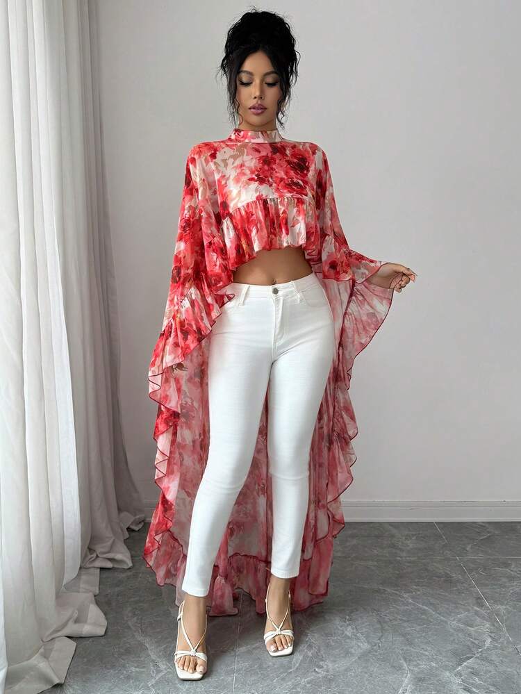 Elenzga Última moda de primavera/verano, blusa elegante para mujer con cuello mao, de gasa con estampado floral y ribete de volantes - Multicolor - Añade 4