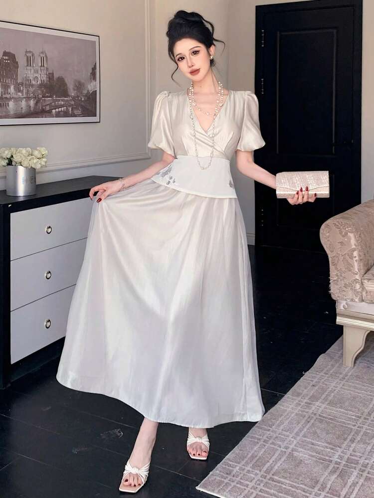 Women's Satin Round Neck Short Puff Sleeve Floral Embroidery Decor Pullover Waist Cinched 2 In 1 Mesh Dress Splicing Elegant Maxi Dress Sundress Summer