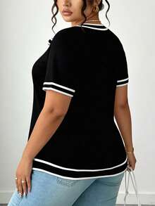 Arcane Artistry Plus Size Women's Elegant Contrast Trim Knot Collar Short Sleeve Top, Summer - Black and White - View 3