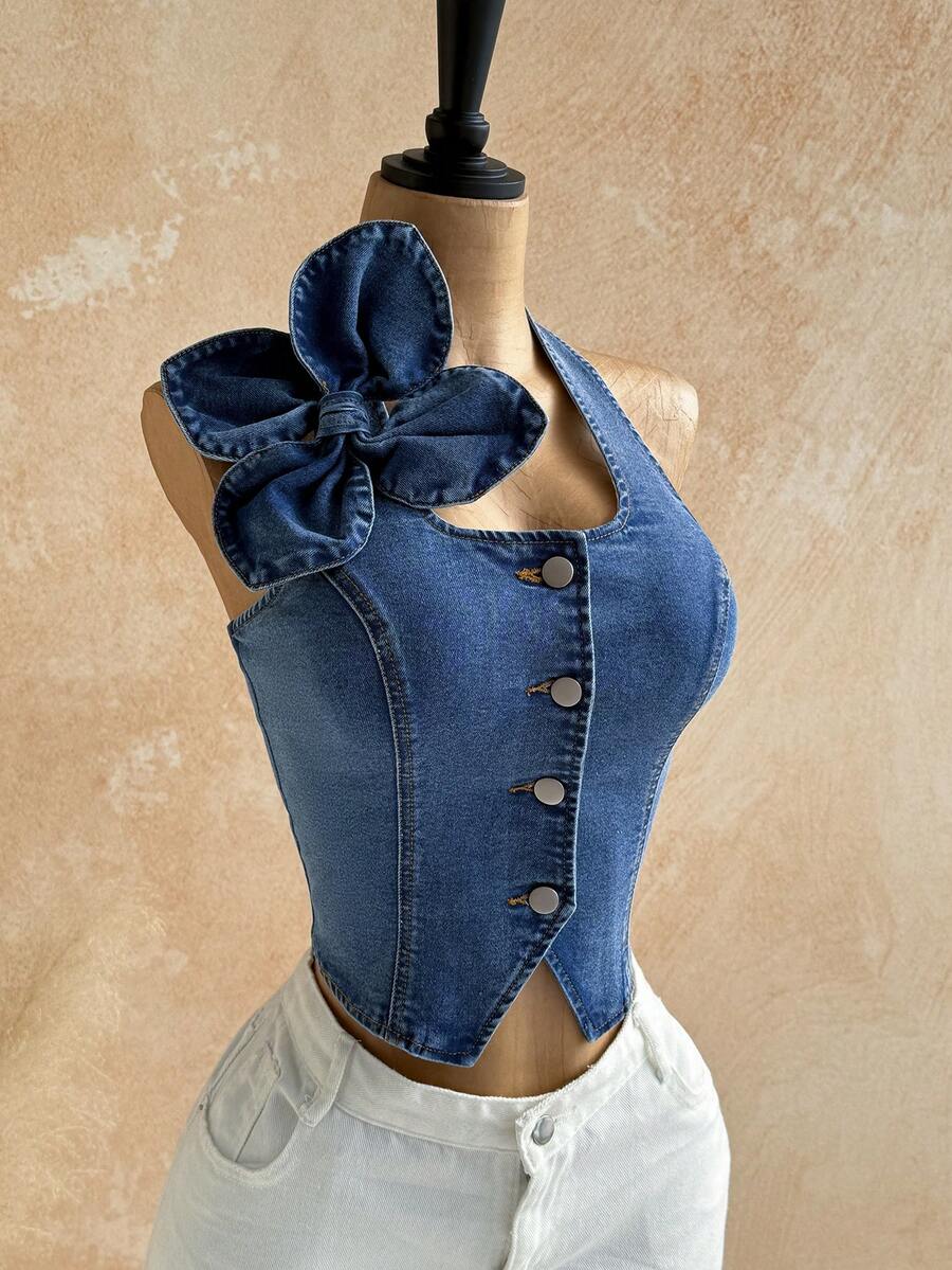 Soleia 女款藍色時尚夏季牛仔掛脖短版上衣，3D花朵蝴蝶結裝飾露背修身前扣背心，優雅Y2K街頭風與夜店穿搭