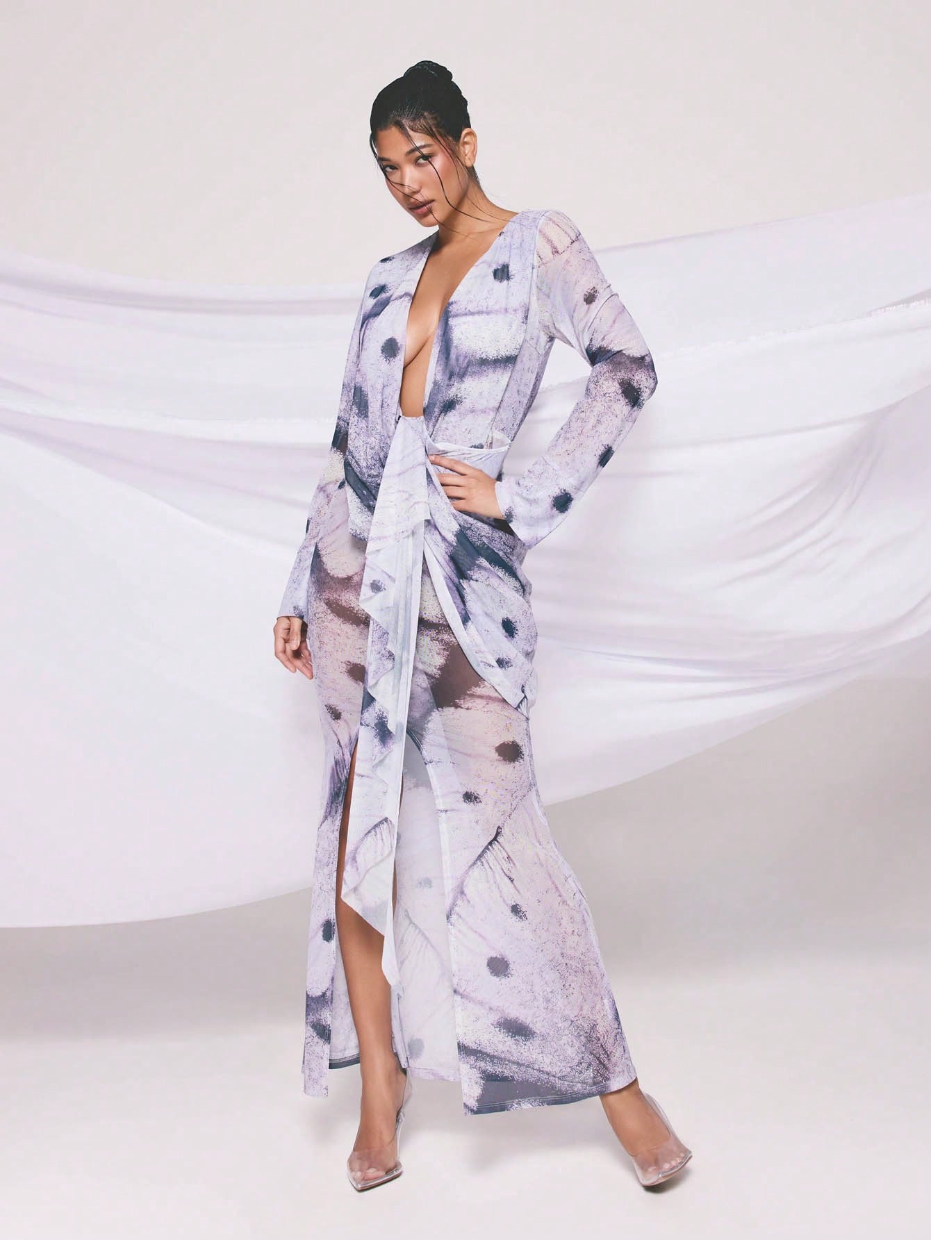 KIZN Printed Mesh Wrap Maxi Dress With Tie Detail