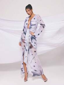 KIZN Printed Mesh Drape Deep V-Neck Long Sleeve Maxi Dress With Tie Waist And Side Slit - Multicolor - View 1