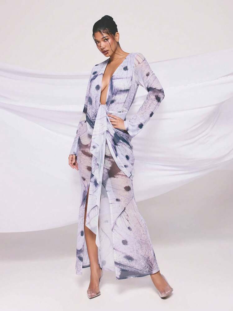 KIZN Printed Mesh Wrap Maxi Dress With Tie Detail