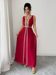 Rafferiza 女士休闲优雅无袖金色饰边长款连衣裙 | 浓郁红色波西米亚风婚礼宾客晚宴礼服，适合休闲度假、浪漫约会、上学日、海滩度假等场合 - 紅色 - 查看 5