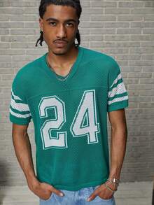 Manfinity Joysei Men's Casual Versatile Numeric Pattern Knit Short Sleeve Top, Suitable For Daily Wear - Green - View 3