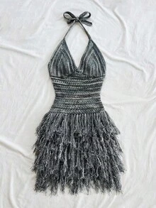 Soleia Đầm ngắn cổ yếm chữ V viền tua rua phong cách retro dành cho nữ, thích hợp cho du lịch biển, kỳ nghỉ, hẹn hò, tiệc trà chiều, tiệc tùng. - Xám - Xem 2