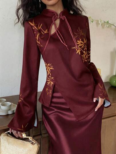 EastFlair Women's Leaf Print Blouse With Slit Design, Fashionable Versatile Long Sleeve Shirt For Daily Wear