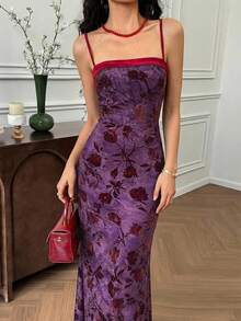 EastFlair Đầm nữ in hoa, dáng ôm, đuôi cá, dây mảnh, thanh lịch. - Màu đỏ tím - Xem 5