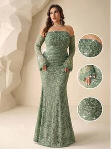 Coutiva Đầm dạ hội cao cấp hở vai bằng ren, đầm dự tiệc đính cườm sang trọng dành cho nữ. - màu xanh lá - Xem 4