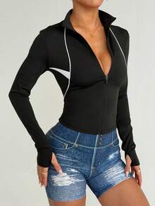 Dewbera Casual Contrast Trim Front Zipper Fitted Sports Jacket - Black - View 3