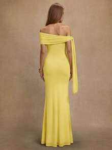 SHEIN BAE 秋冬女士优雅不对称系带修身鱼尾连衣裙，饰有金属扣，适合鸡尾酒会、浪漫约会、叠穿、派对、万圣节、圣诞节等场合。 - 黃色 - 查看 2