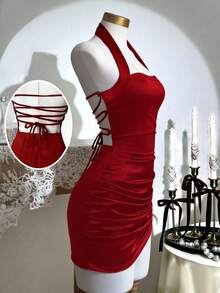 Franclia Đầm ngắn satin cổ yếm hở lưng có dây rút, dáng bất đối xứng, xếp ly, thích hợp cho mặc thường ngày, đi làm, hẹn hò lãng mạn, hoặc dịp lễ Tết. - Đỏ - Xem 5