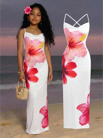 SHEIN Teen Girl's Spring/Summer New Knitted Backless Criss-Cross Sleeveless Snug Fit Floral Print Maxi Casual Vacation Dress