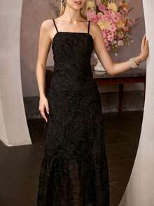 MOTF PREMIUM ELEGANTE VESTIDO LARGO DE MUJER CON TIRANTES FINOS EN NEGRO | TEJIDO JACQUARD TEJIDO CON DETALLE DE VOLANTES ESCALONADOS, VESTIDO SIRENA PARA AÑO NUEVO, DÍA DE SAN VALENTÍN, FIESTAS FORMALES, GALAS Y CELEBRACIONES, VESTIDOS DE PRIMAVERA ATUENDOS DE VERANO - Negro - View 7