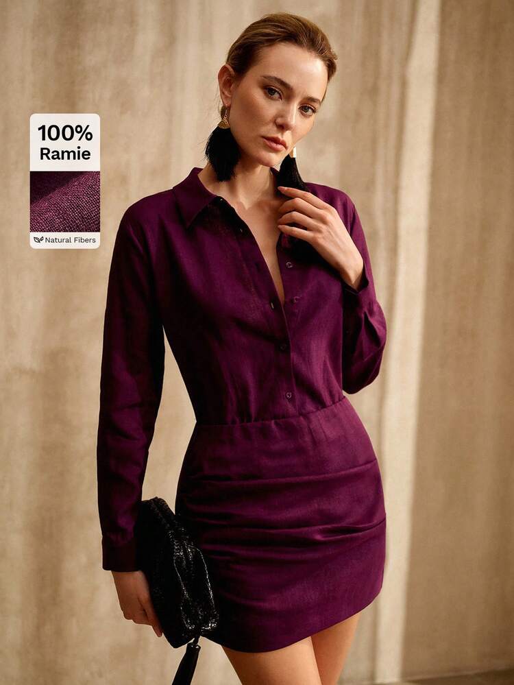 100% RAMIE 2 PIECES SET: WOMEN'S LONG SLEEVE SHIRT AND MINI SKIRT, SPRING/SUMMER, LINEN