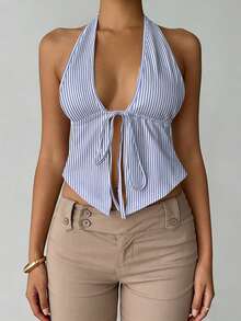 EMERY ROSE Women's Striped Pattern Halter Neck Camisole Top, Summer - Multicolor - View 3