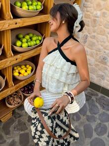 Serisse 女士休闲夏季撞色黑色吊带交叉露背多层扇形蕾丝上衣，情人节，非常适合假日郊游、购物旅行和春季短途旅行。 - 杏色 - 查看 1