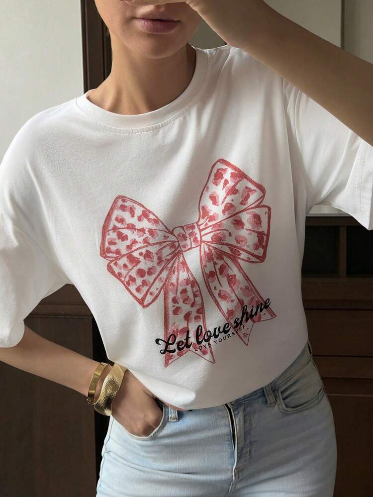 Women's Summer Round Neck Short Sleeve Bow Print Casual Loose T-Shirt