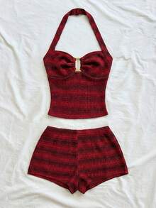 Soleia 女士条纹针织纹理面料金属装饰露背系带露脐上衣和超短裤两件套，适合派对、圣诞节、约会、夜店、海滩、邮轮、下午茶、波西米亚风、度假、秋季等场合。 - 酒紅色 - 查看 5