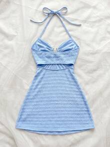 Soleia Đầm mini dáng chữ A gợi cảm, cổ chữ V, đính sao biển kim loại, thắt dây, hở lưng, chất liệu vải dệt họa tiết, thích hợp cho các dịp lễ hội, hẹn hò, tiệc trà chiều, du lịch, lễ hội âm nhạc, phong cách boho. - Màu xanh lam - Xem 2