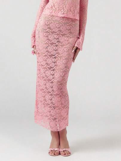 OverBlushhh Falda larga de encaje transparente con diamante de imitación