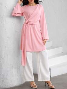 Graceveil 优雅系结褶皱长袖衬衫，独特设计，尽显女性优雅气质。 - 粉色 - 查看 7