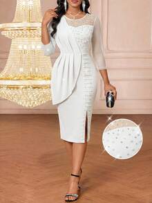 SHEIN Lady Women's Solid Color Mesh Patchwork Faux Pearl Decor Elegant Split Dress - White - View 1