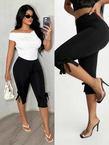 SHEIN SXY Quần legging nữ dáng ôm 7/8, trang trí nơ, kiểu dáng thường ngày, đa năng. - màu đen - Xem 8