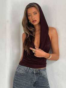 Aloruh 女士性感Y2K深V露背连帽短款上衣 - 棕色 - 查看 6