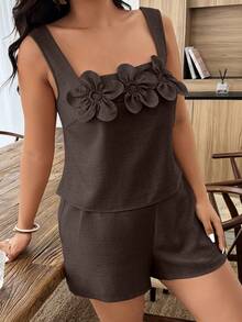 Weeklong Conjunto casual de primavera/verano con cuello cuadrado y decoración floral para mujer de talla grande - Marrón - Ver 4