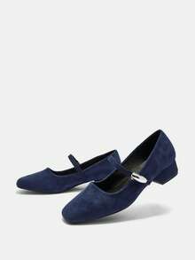 女式 3 厘米布面高跟时尚百搭白色玛丽珍粗跟平底鞋，适合所有季节 - 藏蓝色 - 查看 12