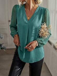 Franclia Áo sơ mi nữ dài tay cổ chữ V màu trơn, thanh lịch, thích hợp cho công sở. - màu xanh lá - Xem 7