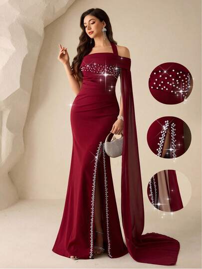 Coutiva Women's Halter Off-Shoulder Beaded Chiffon Maxi Formal Evening Gown (Heavily Embellished) Elegant Sequin Embellished Long Sleeve Dress, High-End Formal Gown For Banquet Women's Formal Evening Dress Gown (Heavy Embroidery) Women Rhinestone Embellished Sheer Red Long Evening Gown, Wedding Guest Dress, Elegant Evening Dress, Prom Dress, For Wedding Dress Waist And Chest Slimming, Party Dress, Formal Dress