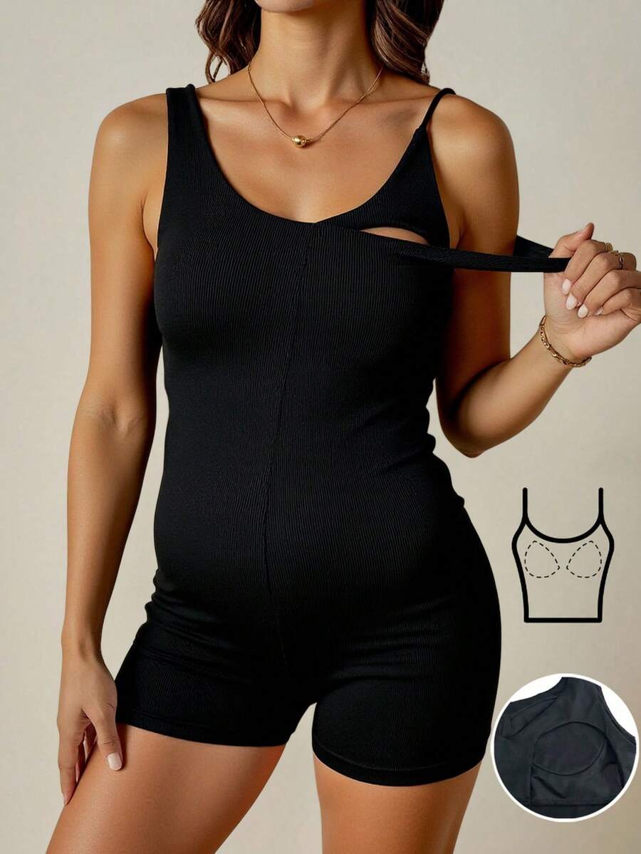 SHEIN 夏季孕妇休闲纯色无袖修身哺乳连体衣 - 黑色 - 查看 1