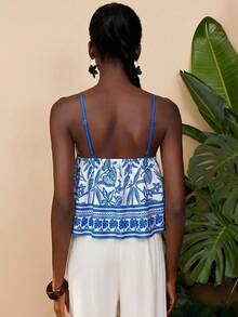 Travachic 女士编织棕榈树印花流苏系带吊带背心，热带风情上衣，适合春夏、海滩度假、优雅外出穿着 - 彩色 - 查看 2