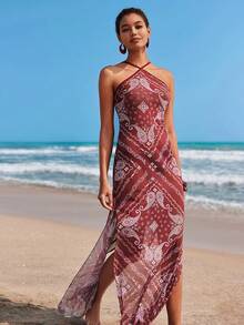 Travachic Women's Casual Halter Neck Cashew Print Beach Cover Up Dress - Multicolor - View 3